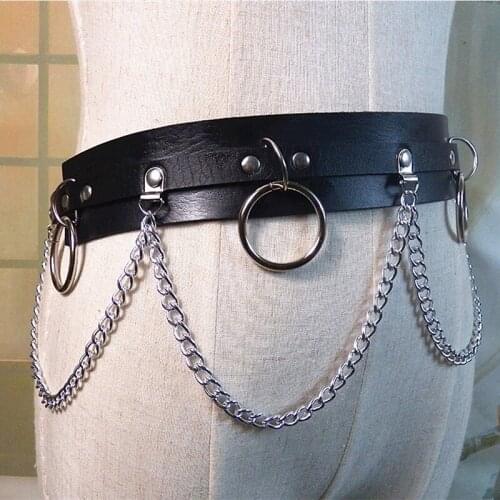 1PCS Street Dance Decor Punk Gothic Faux Leather Belt Metal Chain Ring Waist Strap