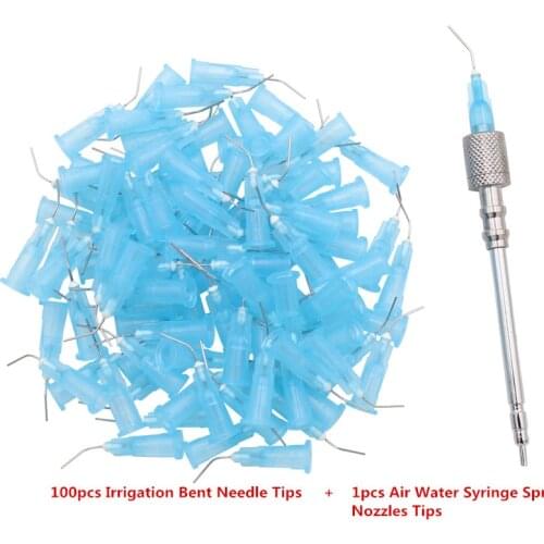1pcs Dental Lab 3 Way Air Water Syringe Spray Nozzles Tips Tube With 100 pcs Irrigation Bent Needle Tips For Teeth Whitening