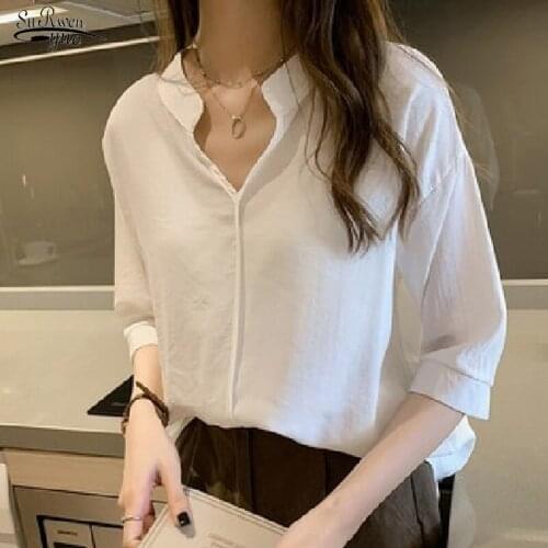 2021 Summer Plus Size Solid Elegant Chiffon Shirt Women Office Casual Loose V Neck Blouse Women Pullover Ladies Tops Blusas 9998