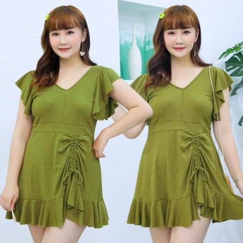 2021 Fat Mm Swimsuit Conservatively Thin and Big Breasts Gathered Split Solid Color Hot Spring Plus Fat Plus Size Swimsuit Women