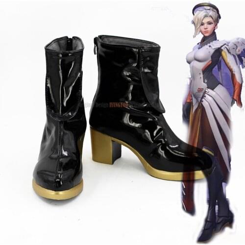 Angela Ziegler Black Shoes Cosplay OW Mercy Angela Ziegler Cosplay Boots High Heel Shoes Custom Made Any Size