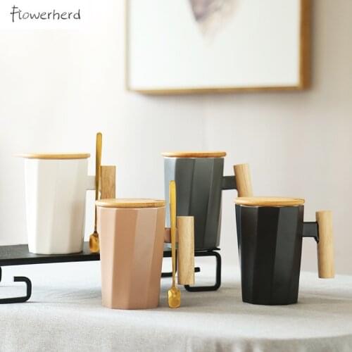 Large Nordic Ceramic Mug Coffee Mugs Tea Mug Coffeeware with Lid Wooden Handle Water Cup Office Coffee Cup Mugs Coffee Cups