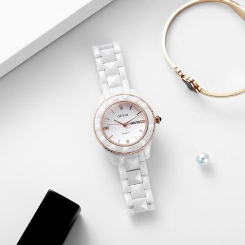 OUPAI 2020 New Arrival White Ceramic Watch Women Simple Fashion Waterproof Luxury Watch Lady Diamond Cut Ceramic Double Calendar