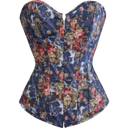 Flower Corsets Overbust Korset Overbust Bustier Sexy Lolita Women Girl Waist Slimming Boned Print Floral Corselet