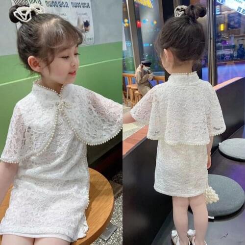 Girls Beaded Dress Summer Children Chinese Style Lace Cheongsam Childrens Wear