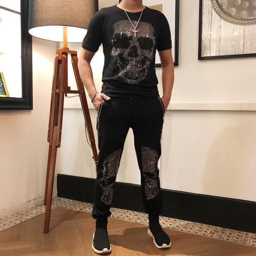 European and American high-quality slim skull brand diamond mens T-shirt two-piece casual mens sportswear
