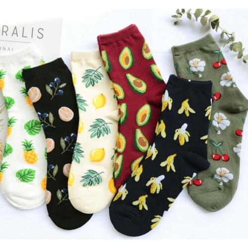 Korean Style Women Fresh Fruits Socks Lemon Avocado Pineapple Cherry Blueberry Orange Gardenias Flamingos Plumerias Women Sokken