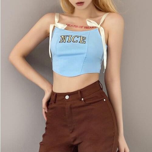 Sexy Lace Up Strap Crop Top Women Sleeveless Camis Letter Print Short Vest Irregular Slim Fit Ladies Camisole Tank Top