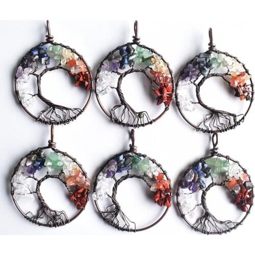 7 Chakra Natural Stone Wrap Wisdom Tree of Life Antique Copper Plated Round Pendants for necklace making Wholesale 6pcs/lot free