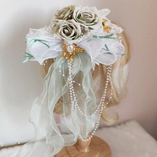 Q1QA Lolita Girls Sweet Lace Bonnet Top Hat Rose Flower Ribbon Tassels Pearl Beading Chain Flat Cap Anime Kawaii Side Hair Clip
