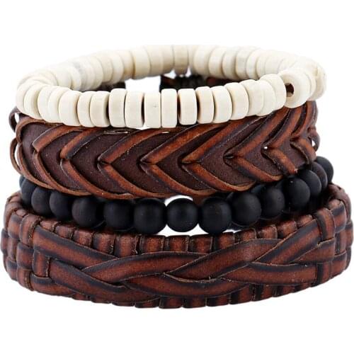 Multilayer Fashion Vintage Rock Braided Leather Bracelets Set Beaded Weave Charms Wax Cords Wristbands Bangles Handmade Jewelry