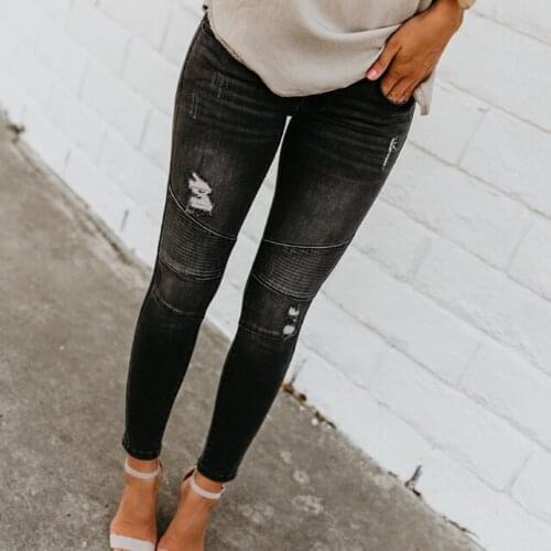 Fashion Streetwear Scratched Pencil Jeans Slim Fit Stretch Woman Skinny Pants Female Blue Distressed Black Jean Ninth Trousers