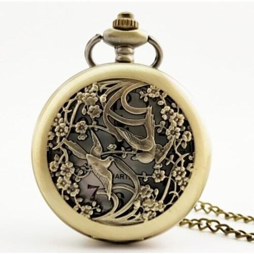 Bronze Fashion Magpie Hollow Quartz Pocket Watch Chain Necklace Bird Flower Copper Modern Men Women Fob Watches Gift