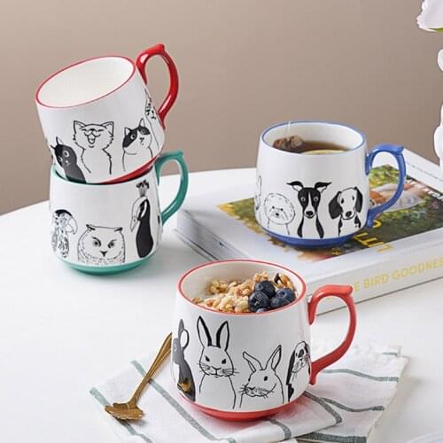 New 420mL Cartoon Animal Coffee Mug with Non-slip Handle Creative Cute Rabbit/Bird/Cat/Dog Big Belly Milk Tea Juice Ceramic Cups