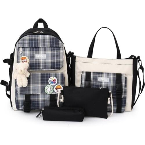 4-piece Fashionable Womens Backpack Canvas Bookbags For Teenage Girls Large Capacity Backpack With Many Pockets