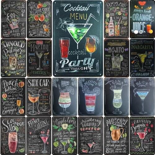 Cocktail & Juice Menu Vintage Metal Plaques MARTINI MOJITO BLOODY MARY for Tiki Bar Art Wall Poster Home Decor Pub Decoration