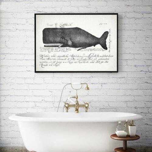 Whale Print Antique Whale Drawing Vintage Poster Canvas Painting Marine Theme Wall Art Picture Decor Bathroom Wall Decorations