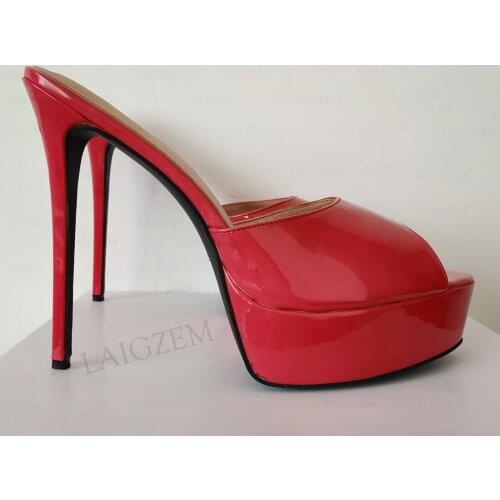 BERZIMER SUPER Women Platform Heels Pumps Peep Toe Mules Stiletto High Heels Party Sandals Shiny Shoes Woman Big Size 40 43 52