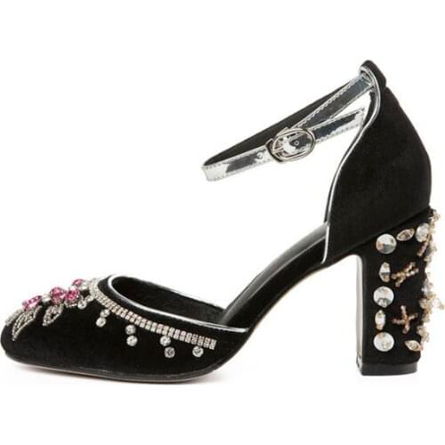 Moraima Snc Crystal Embellished High Heel Shoes Woman Round Toe Ankle Strap Thick heels Pumps Sexy Mary Janes Party Dress Shoes
