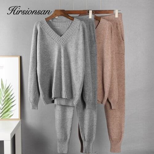 Hirsionsan Cashmere Knitted Sets Women 2021 New Loose V Neck Sweater & Carrot Pant 2 Pieces Female Outfit Tracksuits Harem Pants