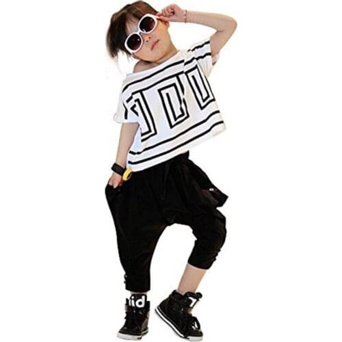 Adorable Cute Girls Clothing Set 2pcs Outfits Short Sleeve Top and Black Harem Pants Size 3-15