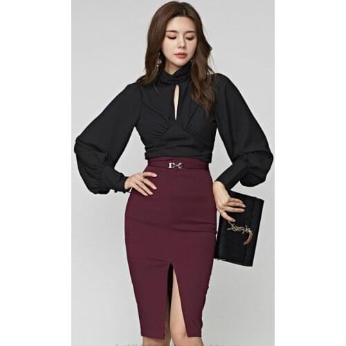 2020 Spring Winter OL Work Office Two Piece Set for Ladies Halter Corset Black Blouse and Wrap Bodycon Skirt Women 2 Piece Set
