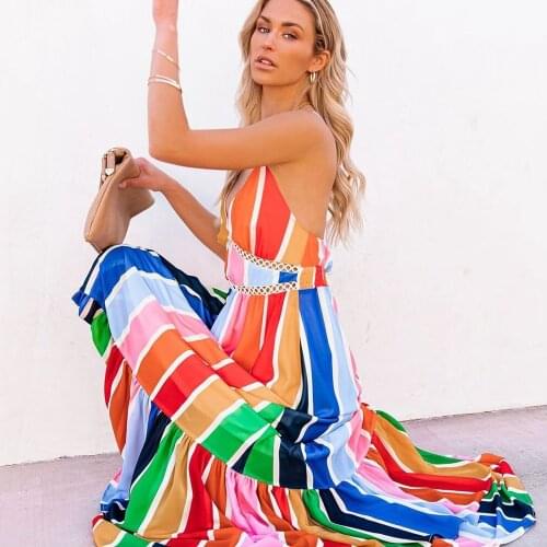 Deep V Neck Backless Striped Maxi Dress Women Clothing 2021 Summer Rainbow Spaghetti Strap Long Dress For Women Sexy Robe Femme
