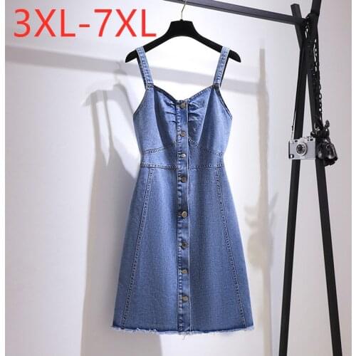 New 2021 Ladies Summer Plus Size Slip Denim Dress For Women Large Sleeveless Blue Cotton Camisole Mini Dress 3XL 4XL 5XL 6XL 7XL