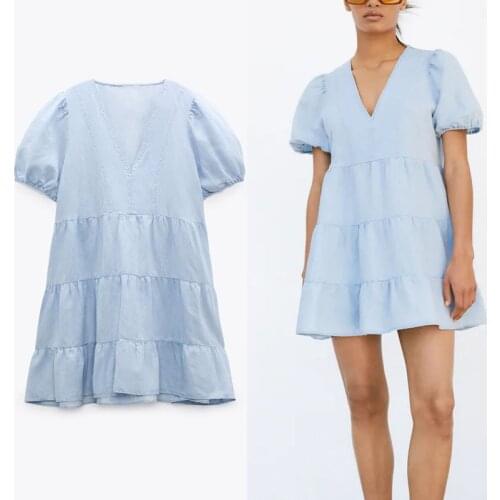 Summer Tiered Mini Za Woman Dress 2021 Elegant Short Puff Sleeve Ruching Office Lady Chic Fashion Pleat Female Loose Vestidos