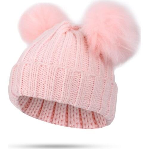 Double Pompom Winter Hat For Boys Girls Caps Solid Color Warm Autumn Knitted Hat Beanie For Kids Toddler Bonnet 3-5Year