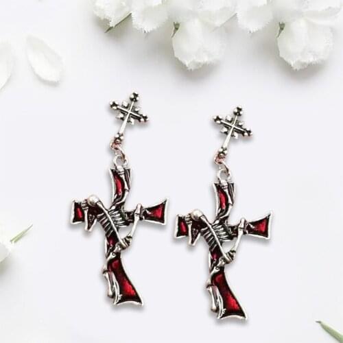 1 Pair Women Gothic Earrings Punk Style Cross Pattern Metal Red Rhinestone Ear Pendant Drop Dangle Jewelry Gifts