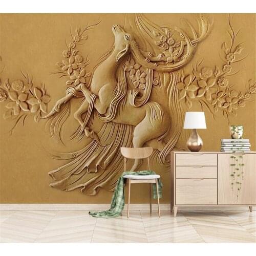 Beibehang 3D Three-dimensional Relief Golden Elk Cai Deer Background Wall Decoration Painting Home Living Room Wallpaper Mural