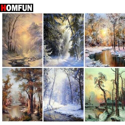 HOMFUN Diamond Painting Full Square/Round Diamond "Tree winter lake" Pattern Embroidery Cross Stitch 5D Rhinestone Painting