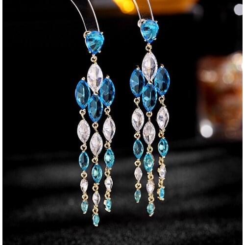 Bilincolor Women Bridal Wedding BlueCubic Zirconia Long Tassel Drop Earring Jewelry