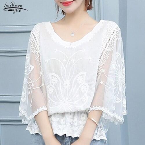 2021 Plus Size Women Tops Summer Lace White short sleeve Women Blouse Batwing Sleeve Shirts Womens Tops and Blouses 4478 50