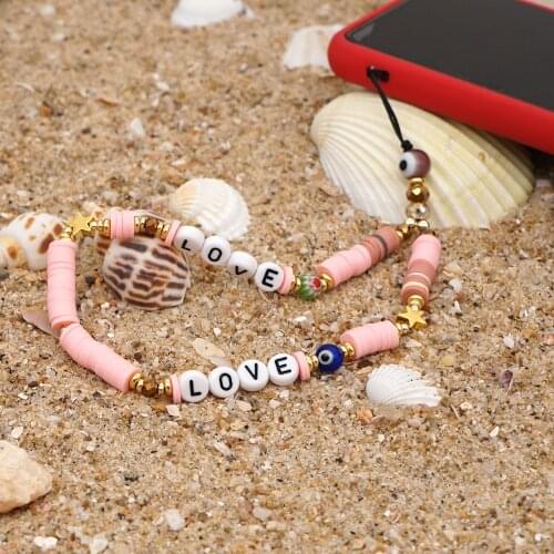 Phone Chain Beaded Strap Wrist Mobile Phone Lanyard LOVE Letter Vinly Heishi Chains Star Charm Evil Eye Jewelry 2021 Hot