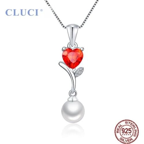 CLUCI 925 Sterling Silver Saltwater Pearl 6-7mm Necklace Pendant Red CZ Heart Wedding Pearl Jewelry Gift FSP071SB