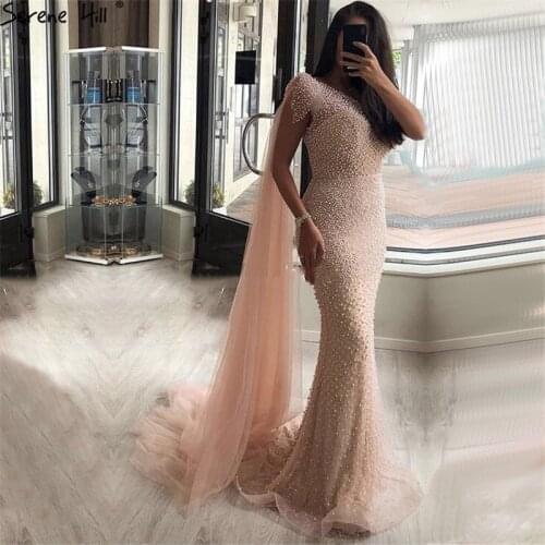 Dubai O-Neck Pearl Mermaid Evening Dresses 2020 Peach Short Sleeves Sexy Formal Dress Serene Hill LA6642