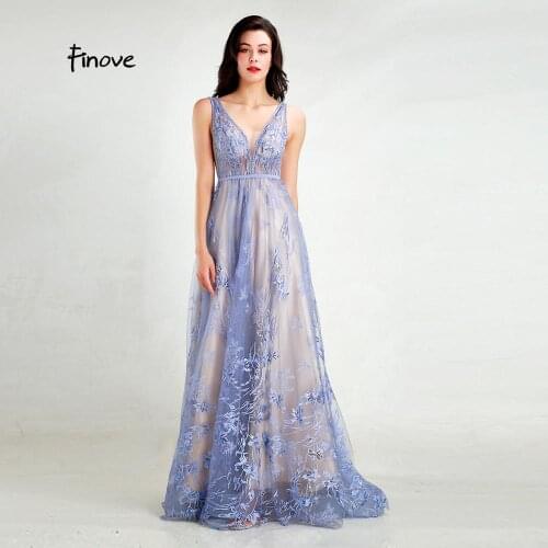 Finove Elegant A-line Evening Dresses 2020 Light Purple Embroidery Beaded Long Dress Sexy Deep V-neck Backless Party Dresses