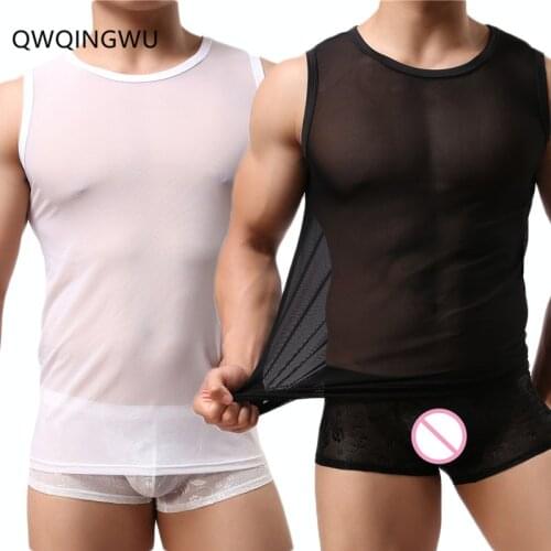 2PCS Casual Undershirt Mens Transparent T Shirt Sexy Mesh See Through Tops Tees Tight Singlet Gay Thin Shaper Male Undershirts