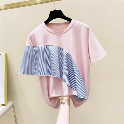 Striped Ruffled Short Sleeve Cotton T-shirt Summer Top Womens Loose T-shirt T Shirts Harajuku Ropa Mujer Womens Clothing