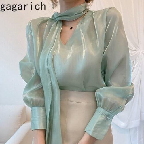 Gagarich Women Sets 2021 Spring Autumn Korean Chic Female Neckline Shiny Streamer Shirt High Waist A-Line PU Short Skirts