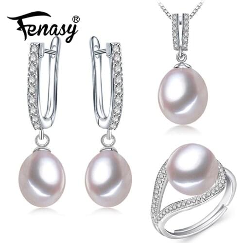 FENASY Wedding Jewelry Sets Fashion Natural Freshwater Pearl Pendant Necklaces Women Drop Earrings Elegant Silver Color Ring Set