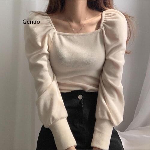 Korean Chic Autumn Puff Long Sleeve Knitwear New Square Collar Solid Slim Knitted Tops Women Basic Pullover