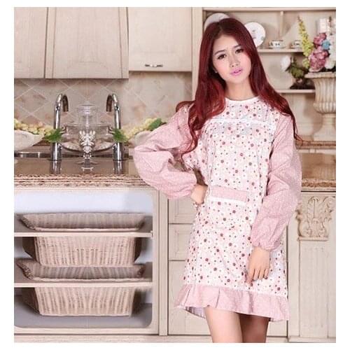 Cute princess long-sleeved apron one-piece pure cotton fashion cute Korean version of the overalls anti-wearing kitchen