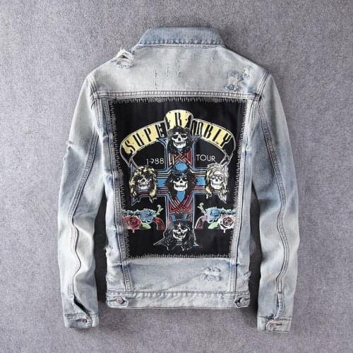 Harajuku Mens jackets Casual rocker GNR Stamp Washed destroy fades Vintage indigo blue Denim Jacket rock Guns N Roses Streetwear