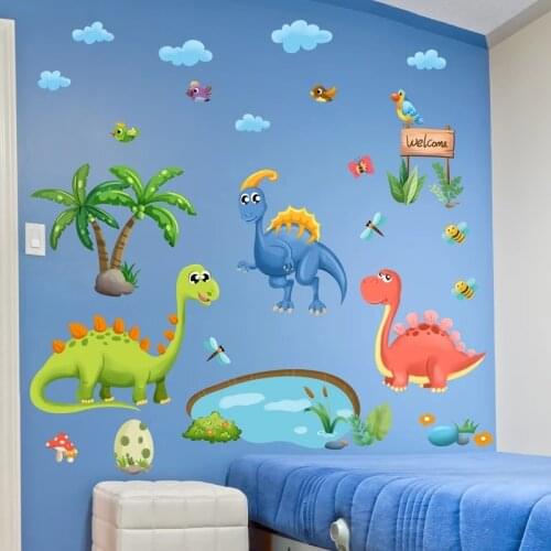 Dinosaurs Animals Wall Stickers DIY Cartoon Birds Tree Mural Decals for Kids Room Baby Bedroom Home Decoration Bathroom Stickers