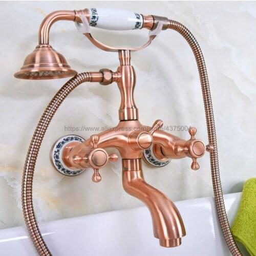 Wall mounted Dual Cross Handles Antique Red Copper Bathroom Tub Faucet with Hand Held Shower Sprayer Nna325