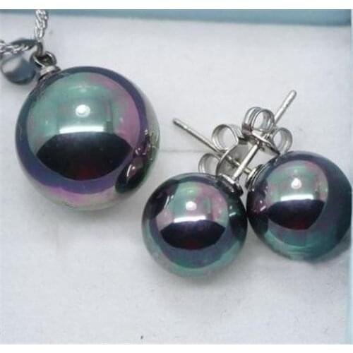 Natural jewelry Womans gift Black south sea shell pearl 10mm earring & 14 mm round pendant Necklace SET set hook