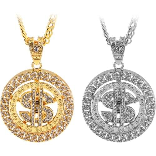 Hip-hop Dollar $ Pendant Necklace Rotatable Heavy Luxury Crystal Rock Long Chain Necklace For Man Charm Cool Jewelry Gifts